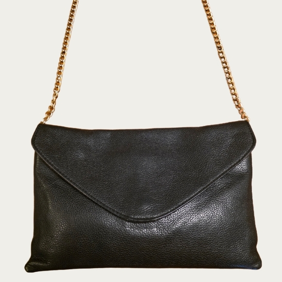 J. Crew Classic  Black Pebbled Leather Envelope Chain Strap Convertible Clutch - Picture 8 of 12